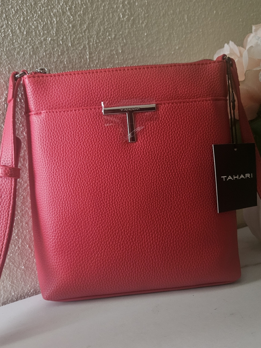 Tahari Crossbody Bag in Punch Red - Canal Pebble Multi Pocket NWT